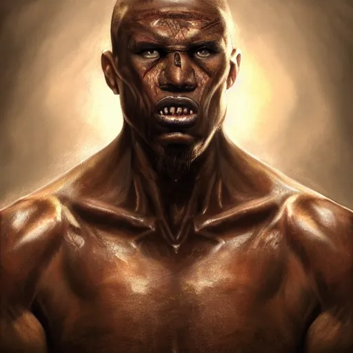 Image similar to portrait of a slender mulatto warrior with angry face. Epic fantasy. hyperrealism. symetric face cinematic top lighting, insanely detailed and intricate, face by wlop, Frank frazeta, Lucas Graciano Boris Vallejo. Character Art. High Fantasy. golden ratio, symmetric matte painting, cinematic, trending on artstation, deviantart and cgsociety, 8k, high resolution