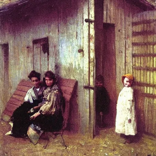 Image similar to A family in front of their Simple house, by Ilya Repin, vintage shading