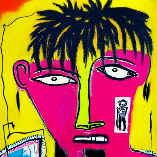 Prompt: pink and yellow and red detailed neo expressionism oil painting of sad boy rapper crying with tattoos by basquiat