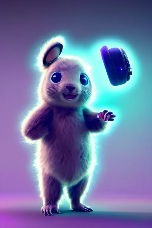 Prompt: high quality 3 d render neo - cyberpunk very cute half fluffy! wombat!! half cyborg with futuristic headphones, pastel mechanical! paw, cyberpunk monocle!, highly detailed, unreal engine cinematic smooth, in the style of detective pikachu, hannah yata charlie immer, neon purple light, low angle, uhd 8 k, sharp focus