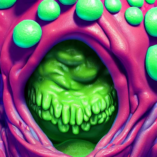 Prompt: slime monster made of Mucus, snot, pus, hair, ighly detailed, 3d, octane render, bright colors, digital painting, trending on artstation, sharp focus