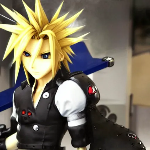 Image similar to cloud strife working at mcdonald's in the style of yoshitaka amano