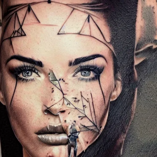 Image similar to realistic tattoo sketch of megan fox face double exposure with a mountain scenery, in the style of matteo pasqualin, amazing detail, sharp