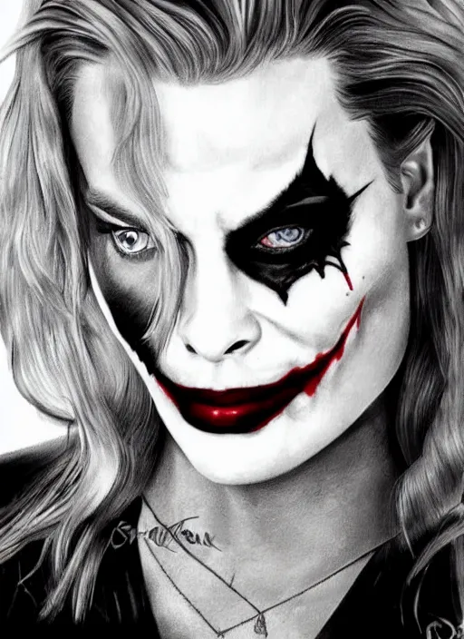 Prompt: tattoo design of margot robbie with joker makeup, ace card, in the style of tony santos, realistic face, black and white, realism tattoo, hyper realistic, highly detailed