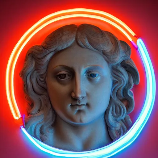 Prompt: a 3 d neon circle surrounding the head of a renaissance statue