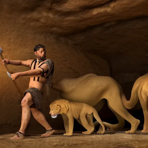 Image similar to film still of 3 5 year old man in ancient canaanite clothing surrounded by ferocious lions. cave interior background, hd wallpaper, 8 k