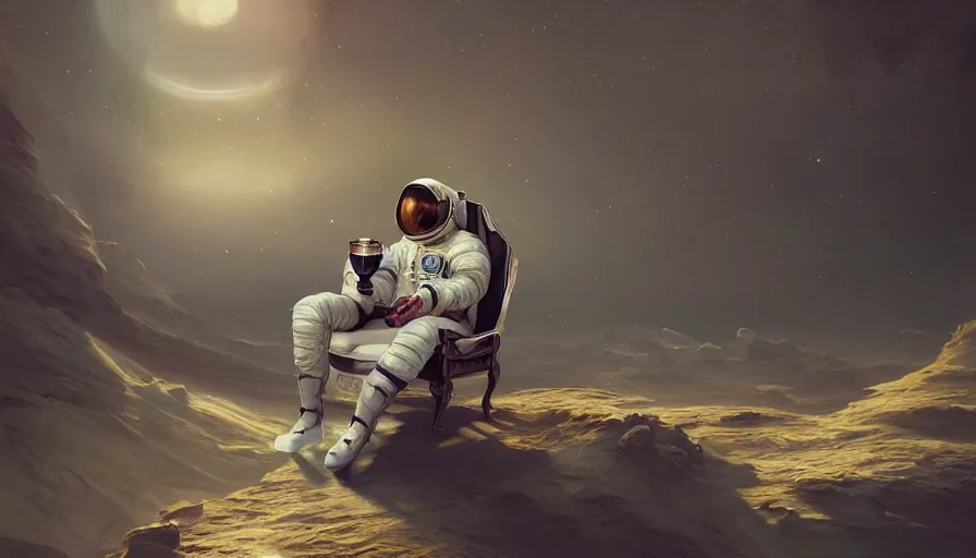 Prompt: astronaut sitting in armchair with cup of tea, terraformed mars, wide shot, digital painting, intricate details, trending on artstation, concept art, octane render, realistic, highly detailed, smooth, sharp focus, beautiful, 4 k, 8 k, hd, art by charlie bowater and artgerm and greg rutkowski