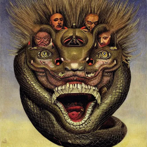 Image similar to demiurge head face eyes fangs serpent serpent python wearing a lion costume furry ears neck neck tall long viper tombow peter doig greg rutkowski giorgio de chirico arsen savadov dan witz vik muniz