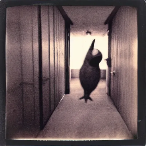 Image similar to A creepy polaroid photo of Big Bird chasing you down a hallway