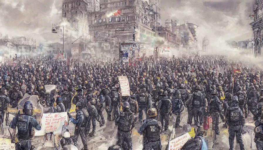 Image similar to few police lined up, standing against the crowd of protesters with blank posters, сlear sky, concept art, intricate details, highly professionally detailed,, highly detailed -