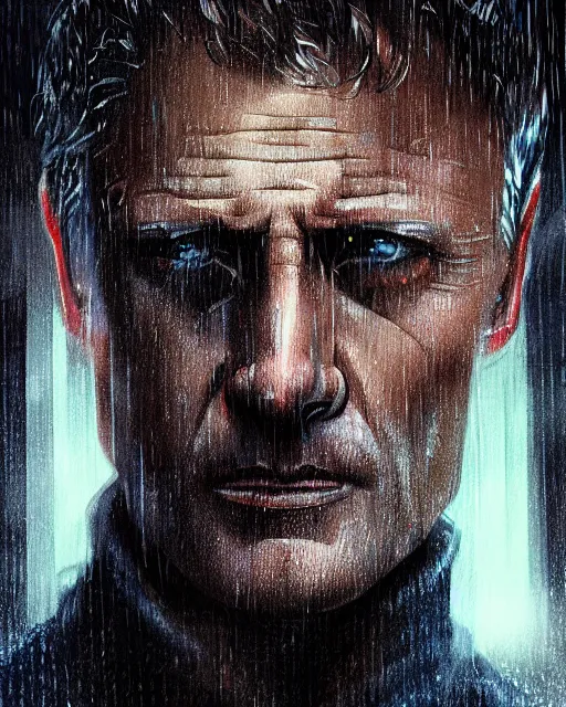 Prompt: a close up portrait of roy batty from blade runner, rainy streets in the background, digital art by joseph karl stieler and ross tran, highly detailed, trending on behance