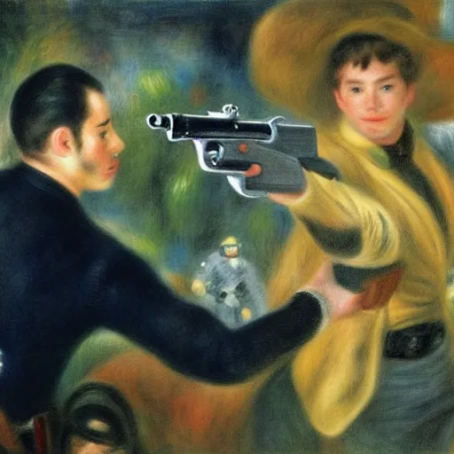 Prompt: jango fetts gun spin goes wrong by pierre - auguste renoir