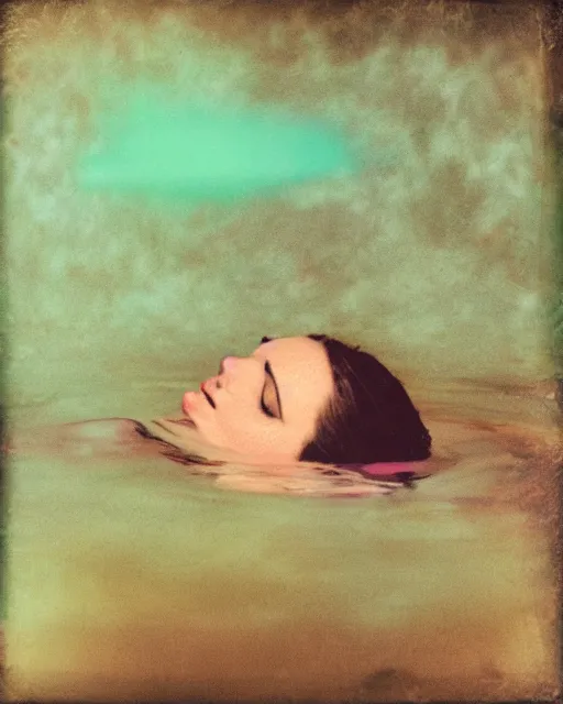 Prompt: oversaturated, burned, light leak, expired film, photo of a woman's serene face submerged in a flowery milkbath, rippling liquid, vintage glow, sun rays, old painting