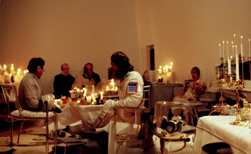 Image similar to Space odyssey astronaut sitting around a big dinner table with candles in the shining by stanley kubrick, shot by 35mm film color photography