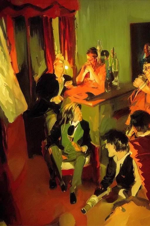 Image similar to glam rockers drinking wine, inside a tiny green room with red lights by joaquin sorolla, greg rutkowski, bill sienckiwicz, extremely detailed