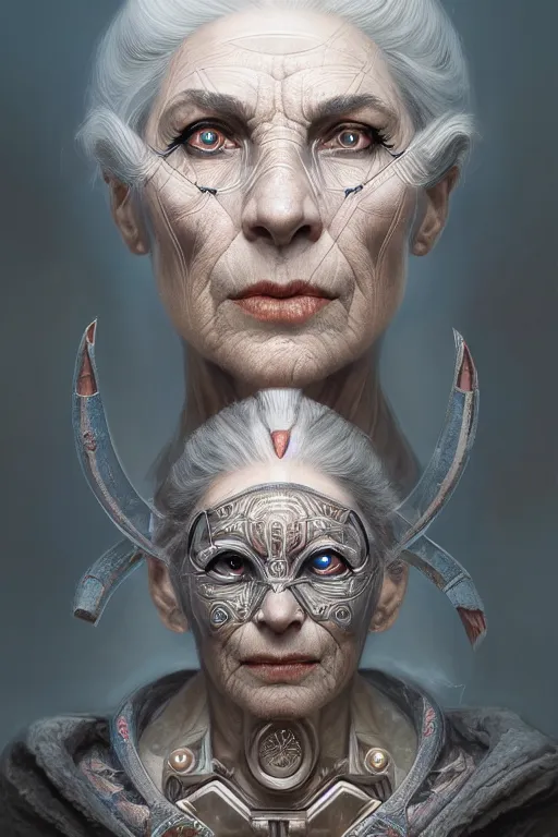 Image similar to symmetry!! portrait of an elderly grey haired woman in the style of god of war, machine parts embedded into face, intricate, elegant, highly detailed, digital painting, artstation, concept art, smooth, sharp focus, illustration, art by artgerm and greg rutkowski and alphonse mucha, 8 k