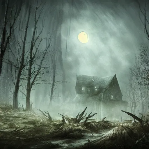 Image similar to haunted village surrounded by a dead forest, mist, moonlight, dark and gloomy, matte painting, ultra detailed, concept art