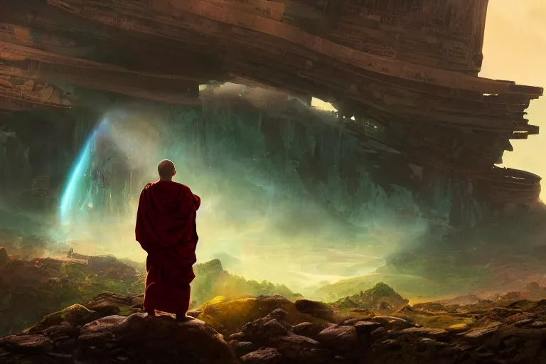 Prompt: a monk looking down at the gigantic ruins of a crashed alien spaceship at sunrise, cosmic, nebula highly detailed, vivid color, cinematic lighting, perfect composition, rainbowshift, 8 k, h. r giger, derek zabrocki, greg rutkowski, sangyeob park, maxfield parrish, octane render