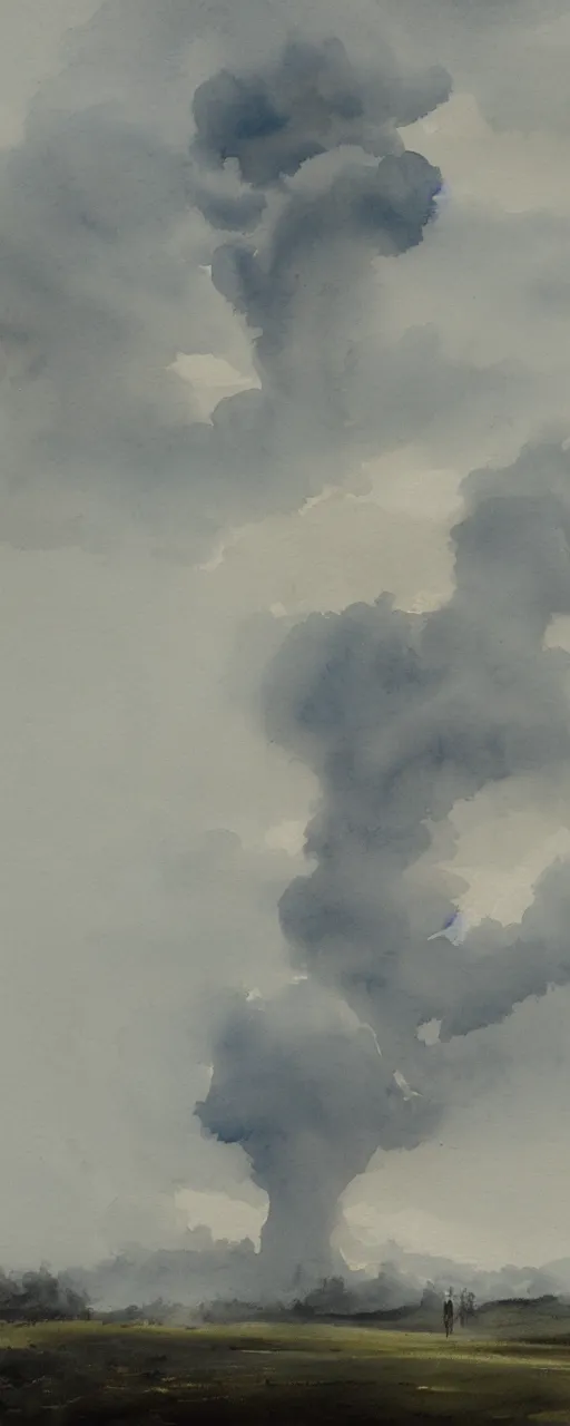 Prompt: a beautiful watercolor painting of a white landscape in the style of paul sandby and antonio guidotti, an angel standing still, ten indistinct human figures standing still, ash falling from the sky, in the horizon a gigantic mushroom cloud, 8 k, trending on artstation, pastel color scheme