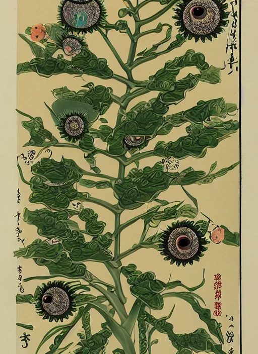 Prompt: scientific botanical illustration of a green plant with eyeballs instead of flowers, Ukiyo-e