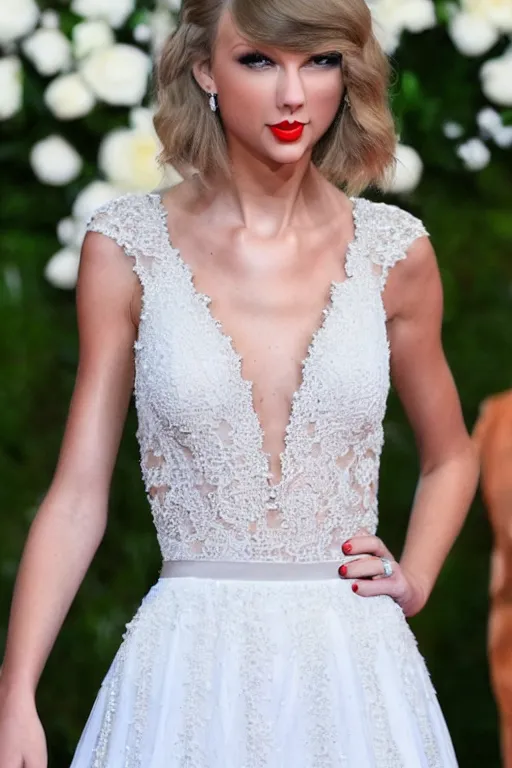 Prompt: waist - up - photo!!!!!!!!!!!! of taylor swift in a beautiful wedding dress, focus on face and facial details. ( ( ( ( ( ( head - shot ) ) ) ) ) )
