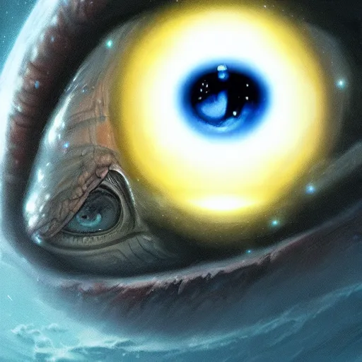 Image similar to A floating, cosmic Eyeball, 8k by artgerm and greg rutkowski