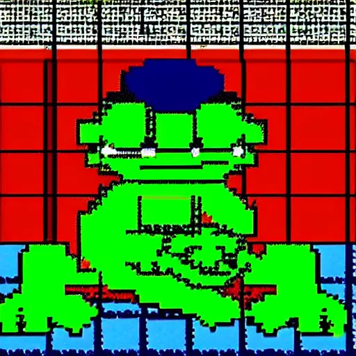 Image similar to 6 4 bit, 8 bit nes graphics. antropomorphic muscular masculine pepe the frog. kickboxer fighter, in shorts. aggressive large head. art from nes game cartridge