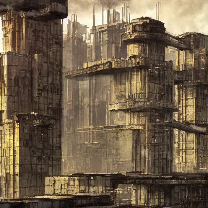 Image similar to a building in a serene landscape, dieselpunk