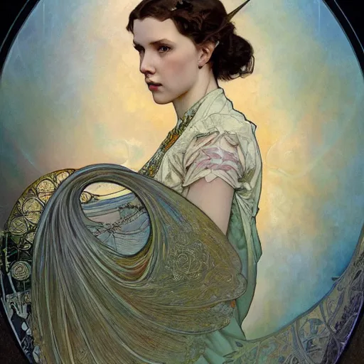 Prompt: realistic detailed face portrait of Millie Bobby Brown by Alphonse Mucha, Ayami Kojima, Amano, Charlie Bowater, Karol Bak, Greg Hildebrandt, Jean Delville, and Mark Brooks, Art Nouveau, Neo-Gothic, gothic, rich deep moody colors