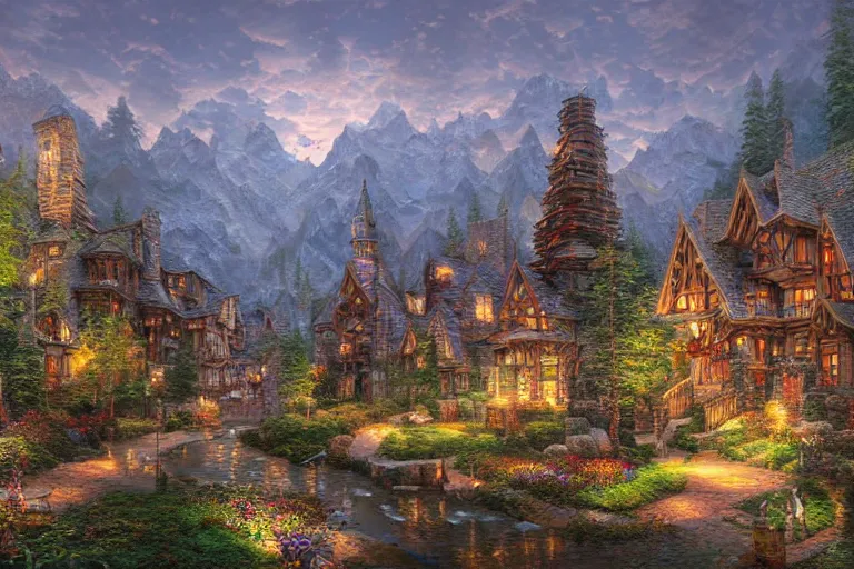 Prompt: hyperdetailed wood elf city in the mountains | wood elf architecture | art deco | monumental |photorealistic | hyper detailed | volumetric lighting | thomas kinkade