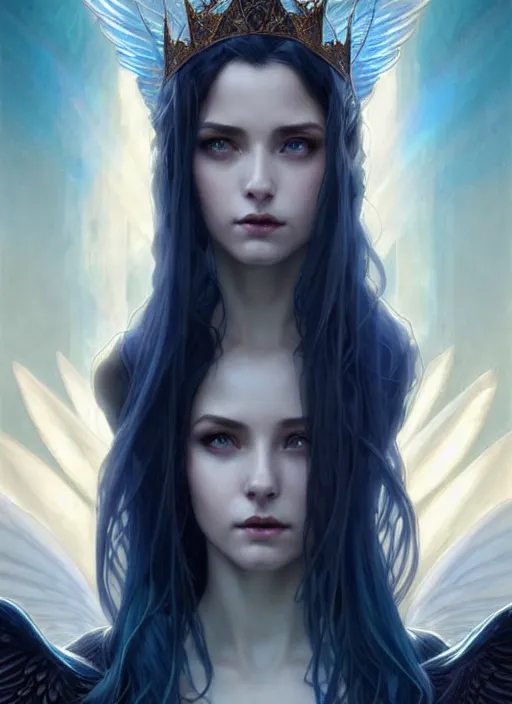 Image similar to a beautiful cinematic female archangel queen, fantasy sea landscape, fantasy magic, short aqua blue black fade hair, dark light night, intricate, elegant, sharp focus, illustration, highly detailed, digital painting, concept art, matte, art by WLOP and Artgerm and Greg Rutkowski and Alphonse Mucha, masterpiece