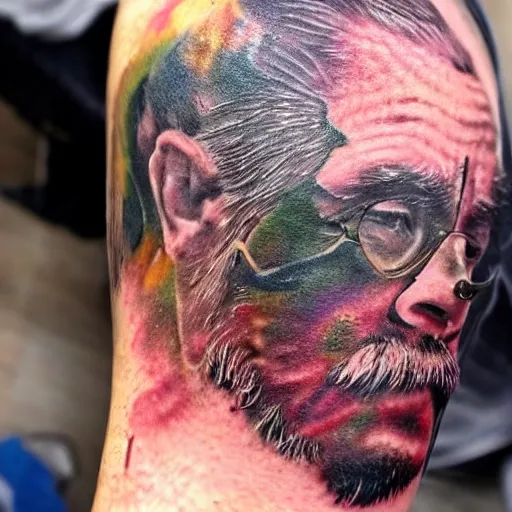 Image similar to an ultra realistic 8 k hdr photo of an award winning healed color tattoo of a rat on an old man ’ s face