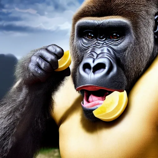 Prompt: big gorilla with human face maneating eating bananas in the hood, 8k resolution, full HD, cinematic lighting, award winning, anatomically correct