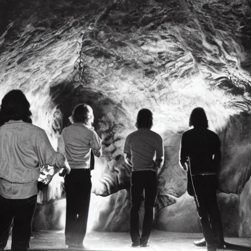Prompt: the doors playing a show painted on a cave wall