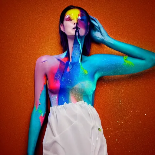 Prompt: beautiful model girl body art fabric skin dress with colouful plastic bag skin and glass shards painting style of jonathan zawada, thisset colours simple background gradient objective light orange and blue amber colours