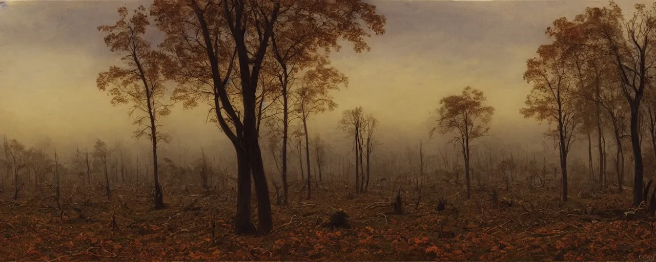 Prompt: a large pumpkin patch surrounded by dead trees in a spooky fog shrouded landscape, fall, matte painting, by Isaac Levitan, Frederic Church and Vasily Perov