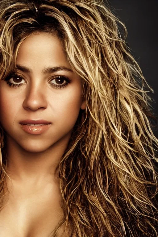 Prompt: closeup portrait of sexy shakira with long hair, rembrandt lighting,, single head, no double head,