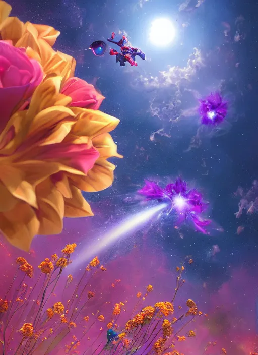 Image similar to An epic fantastic realism comic book style painting of the most beautiful flowers launched into space, bouquets, glorious galactic collision, sharp focus, fisheye, unreal 5, DAZ, hyperrealistic, octane render, dynamic lighting