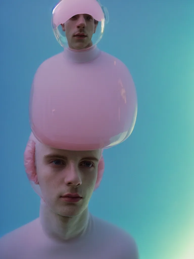 Image similar to high quality pastel coloured film portrait photograph of a beautiful twenty year young male, soft facial features, short hair, perspex space helmet and oversized inflated clothing!! icelandic black rock pool environment. atmospheric three point light. photographic. art directed. ( pastel colours ). volumetric. clearcoat. waves. 8 k. filmic.