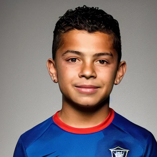 Image similar to ronaldo nazario fenomeno, 9, head and shoulders, studio photograph, portrait