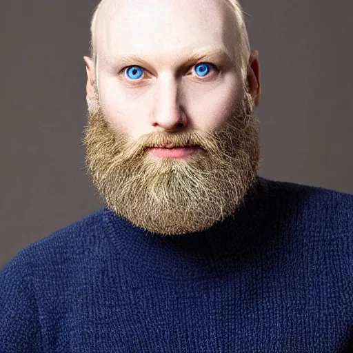 Image similar to photograph of a balding, bearded middle aged blond man, with dark blue eyes, and very pale skin