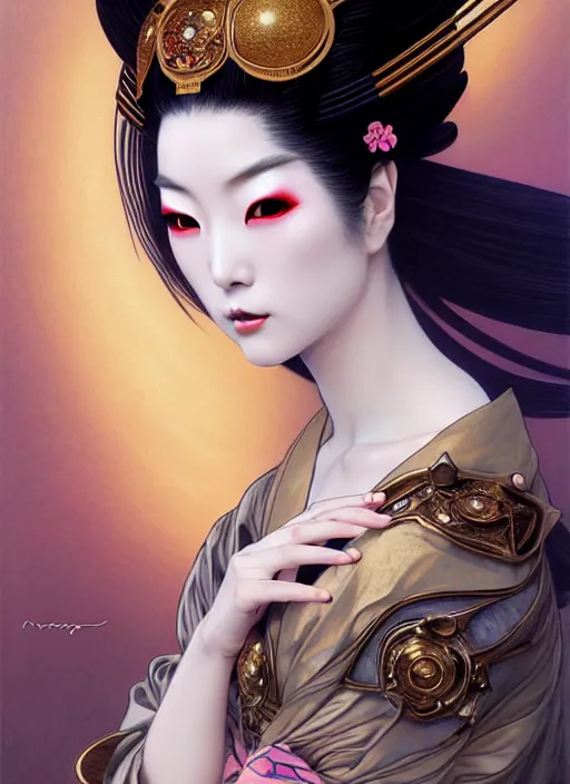 Prompt: Japanese geisha, glamorous moon, seductive eyes and face, elegant, lascivious pose, very detailed face, studio lighting, photorealism, wearing futuristic armor , portrait by Magali Villeneuve and Steve Argyle,Livia Prima,Mucha,dress,fantasy art,beautiful,artstation,trending on artstation,intricate details,alluring,masterpiece