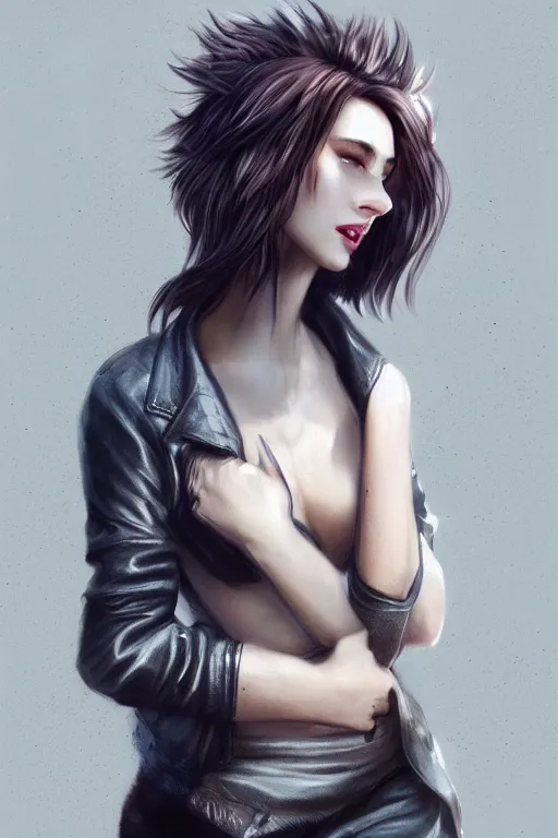 Image similar to furry female, lioness, leather jacket, nymph, fashion photography, concept art, costume design, illustration, cinematic color grading, editorial photo, fashion, hyperrealism, trending on artstation, Charlie Bowater, WLOP, detailed, elegant