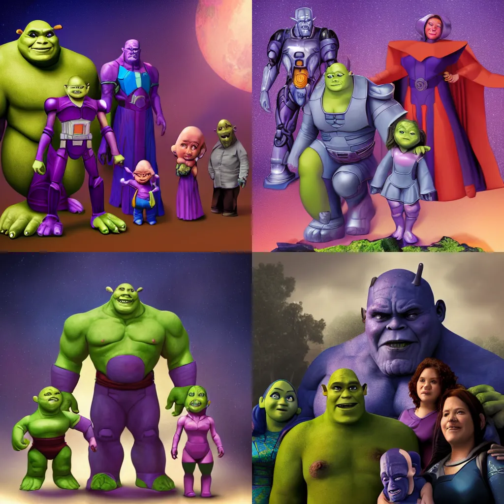 Prompt: Father Optimus Prime, Mother Thanos, Mother Shrek with daughter, son, and baby. Happy family portrait 4K concept art