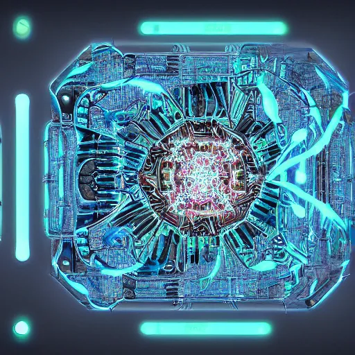 Image similar to bioluminescent ancient quantum computer, sharp focus, hyper detailed masterpiece