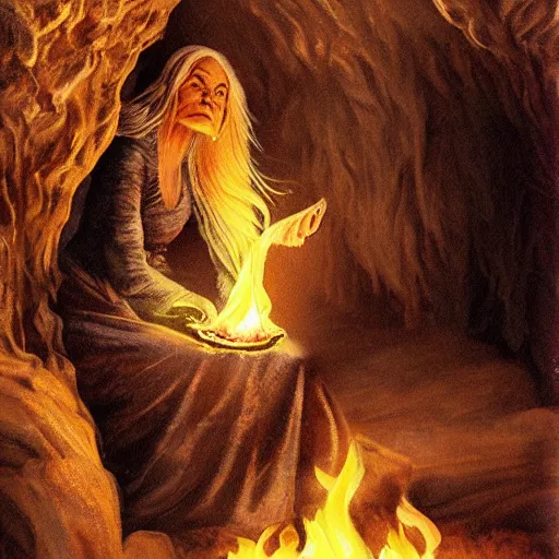 Prompt: highly detailed beautiful old witch in a cave looking into a fire, golden