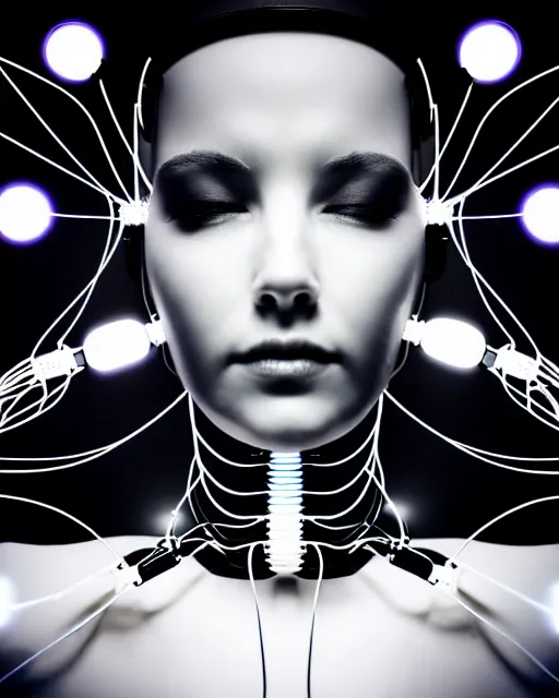 Image similar to black and white dreamy spiritual connected young female robot - cyborg high quality photo, microchip, artificial intelligence, bio - mechanical bio - luminescence, black wired cables, neurons, nerve cells, cinematic, rim light, photo - realistic, elegant, high detail, 8 k, masterpiece, high fashion