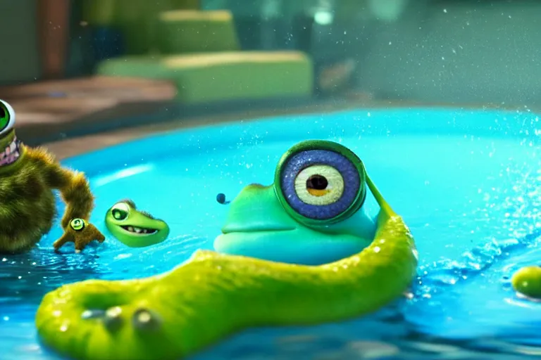 Image similar to diorama of mike wazowski swimming in a giant pool of gatorade, setting is bliss wallpaper, realistic, 4 k, detailed, atmospheric, cinematic lighting, octane render, unreal engine render, ray tracing lighting