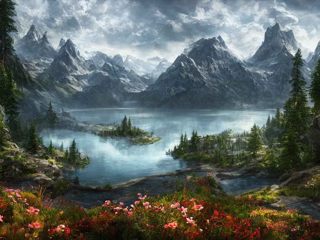 Image similar to a epic view of a mountainous lake, forest, flowers, concept art, trending on, very detailed, unreal engine, 4 k, photoreal, volumetric lighting, light rays, epic composition, warm colors, angelic