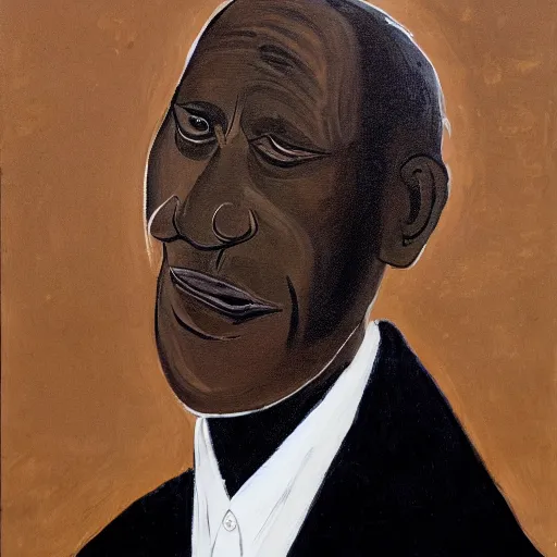 Image similar to a painting of a fatherly, aquiline nose, wide forehead, round face, XXL , loving, caring, generous, ever-present, humble, wise elder from Kenya with a friendly expression in a suit by Kara Walker . Fatherly/daddy, focused, loving, leader, relaxed,. ethereal lights, details, smooth, sharp focus, illustration, realistic, cinematic, artstation, award winning, rgb , unreal engine, octane render, cinematic light, macro, depth of field, blur, red light and clouds from the back, highly detailed epic cinematic concept art CG render made in Maya, Blender and Photoshop, octane render, excellent composition, dynamic dramatic cinematic lighting, aesthetic, very inspirational, arthouse.